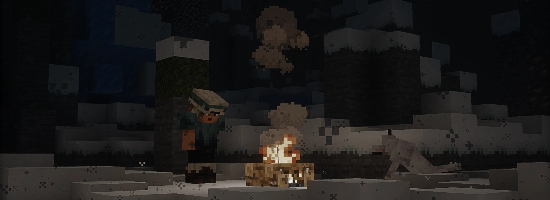 player next to a campfire with a dog