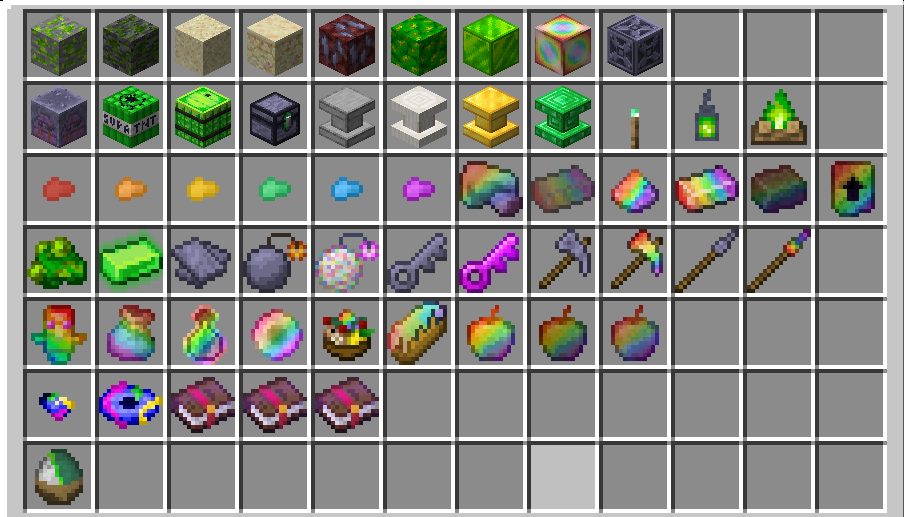Items and blocks in the mod (The items are stored in a Uranium Barrel, that's why there are so many slots)