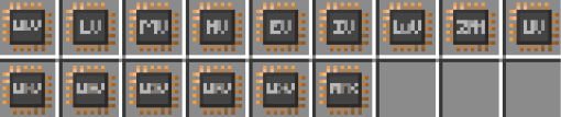 Stereotypical, square packaged circuit-board components, but with copper traces. Each has a blocky, low-res abbreviation of the tier printed on top.