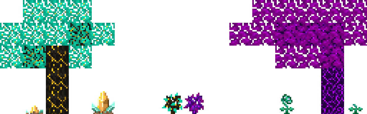 Pixel art of the Eospark and Jakarune Tree. OPne is brown and yellow with teal leaves, the other is purple