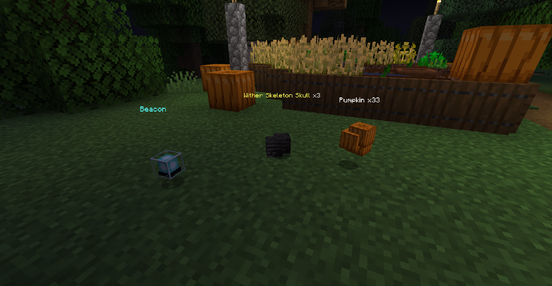 item drops with holograms showing item name and stack count, colored by rarity