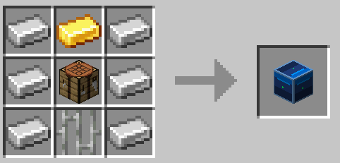 (Top to bottom, left to right) [Iron Ingot]  [Gold Ingot]  [Iron Ingot] [Iron Ingot]  [Crafting Table]  [Iron Ingot] [Iron Ingot]  [Iron Bars]  [Iron Ingot]
