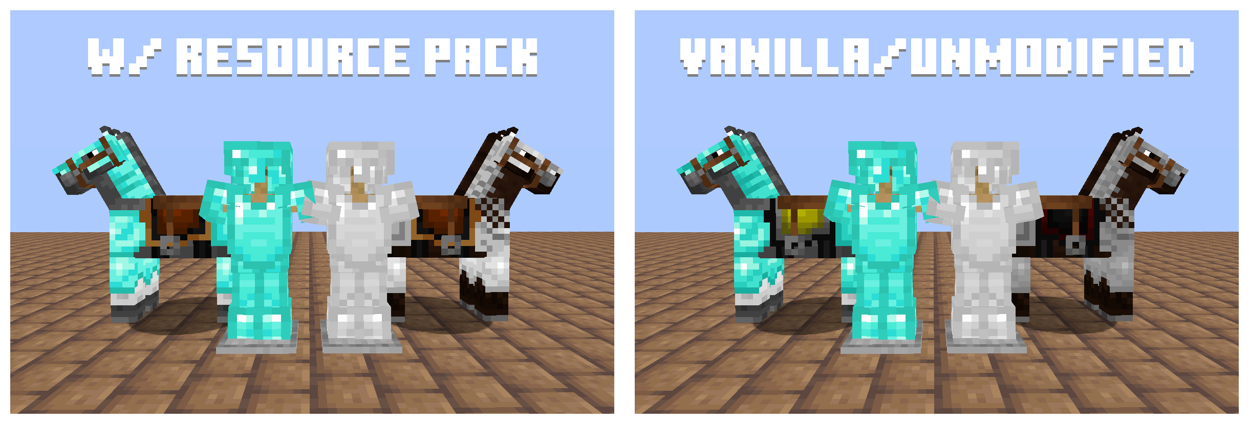 Two images are placed side by side. Both compare diamond & iron armor sets worn by horses versus those worn by players. The left image has the resource pack applied, while the right image doesn't.