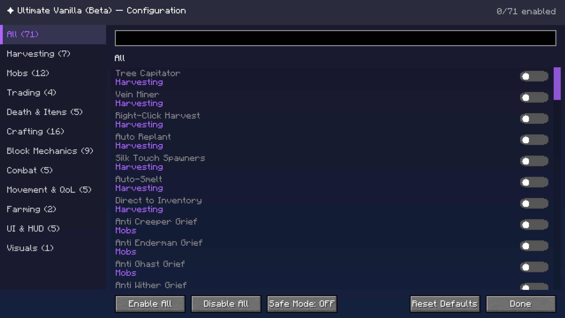 The mod's config screen