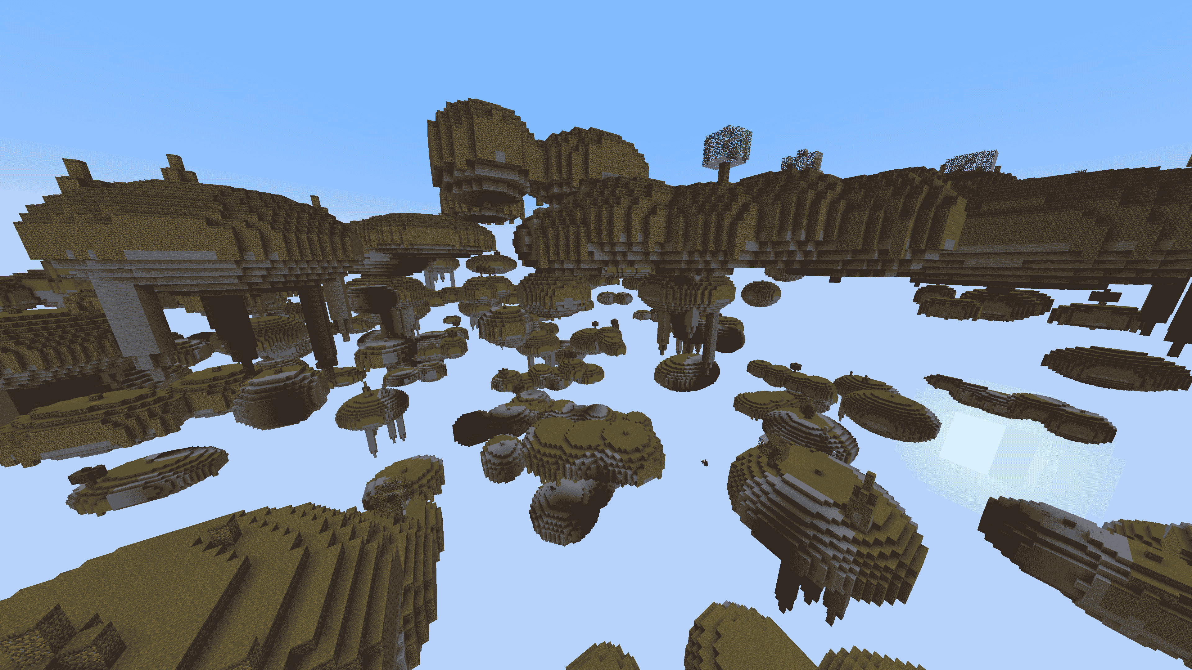 Screenshot of the dreamlands, a lot of ellipsoid islands floating, some of them have trees.