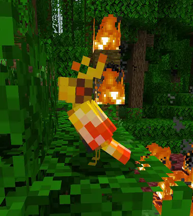 Parrot that looks like the Firebird from Lobotomy Corporation. In the background is a jungle on fire.