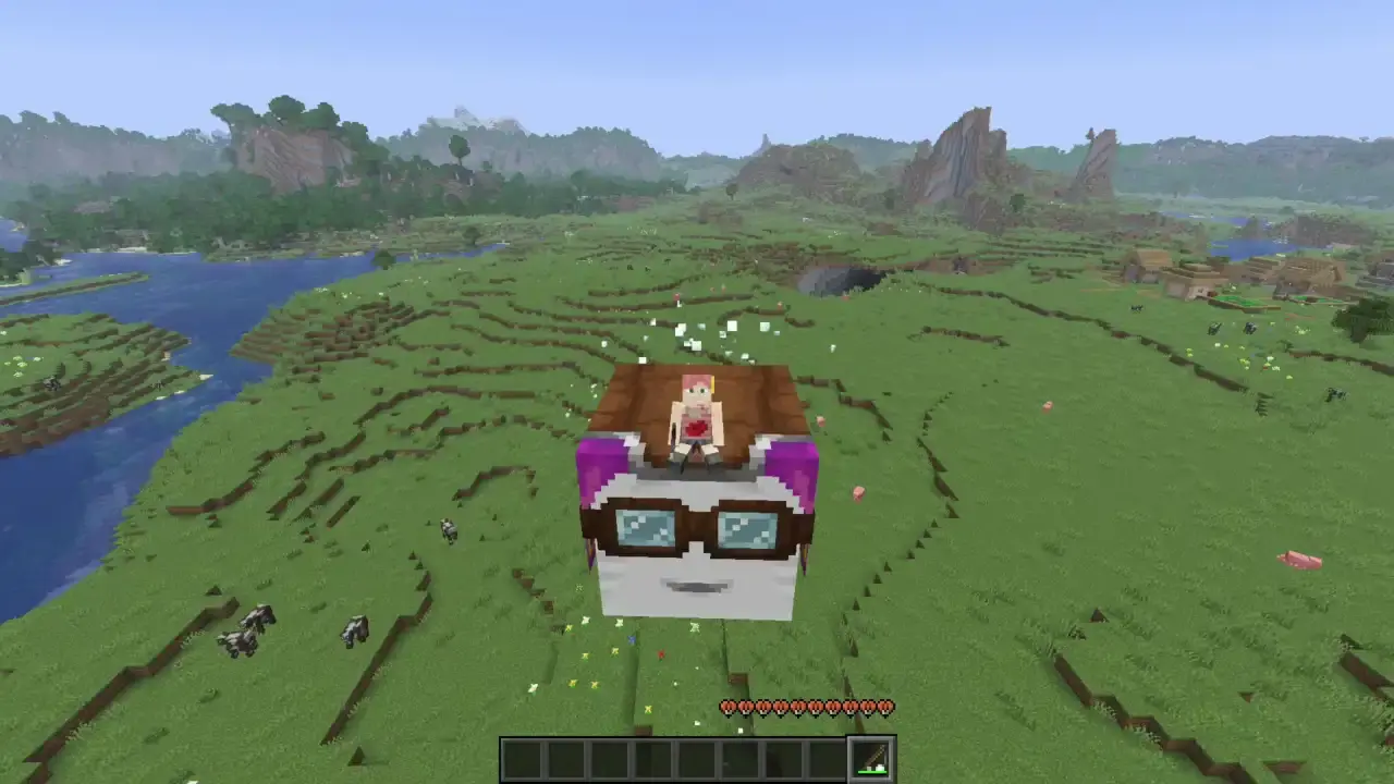 A player sitting on a happy ghast, which has a little snow particle cloud above it, indicating that the speed bost is active
