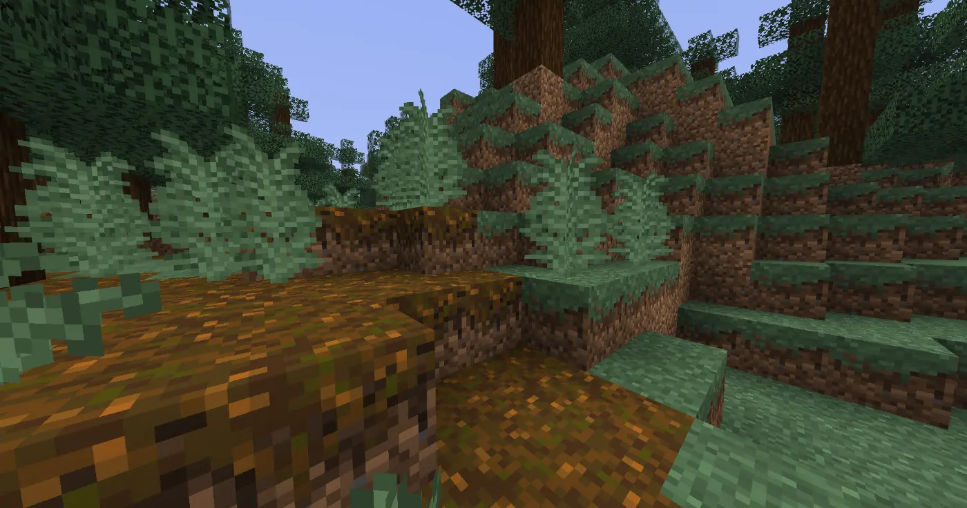 A screenshot of Podzol and Grass Blocks in an Old Growth Taiga with the resource pack applied.