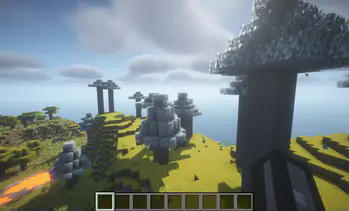 biome with gray trees, gray leaves, and orange grass