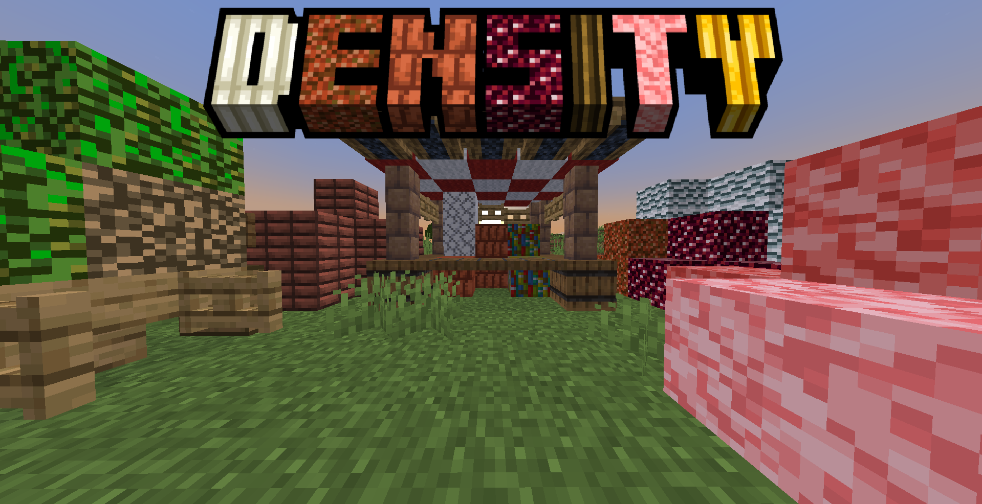 A marketplace full of blocks from the mod, with the mod logo
