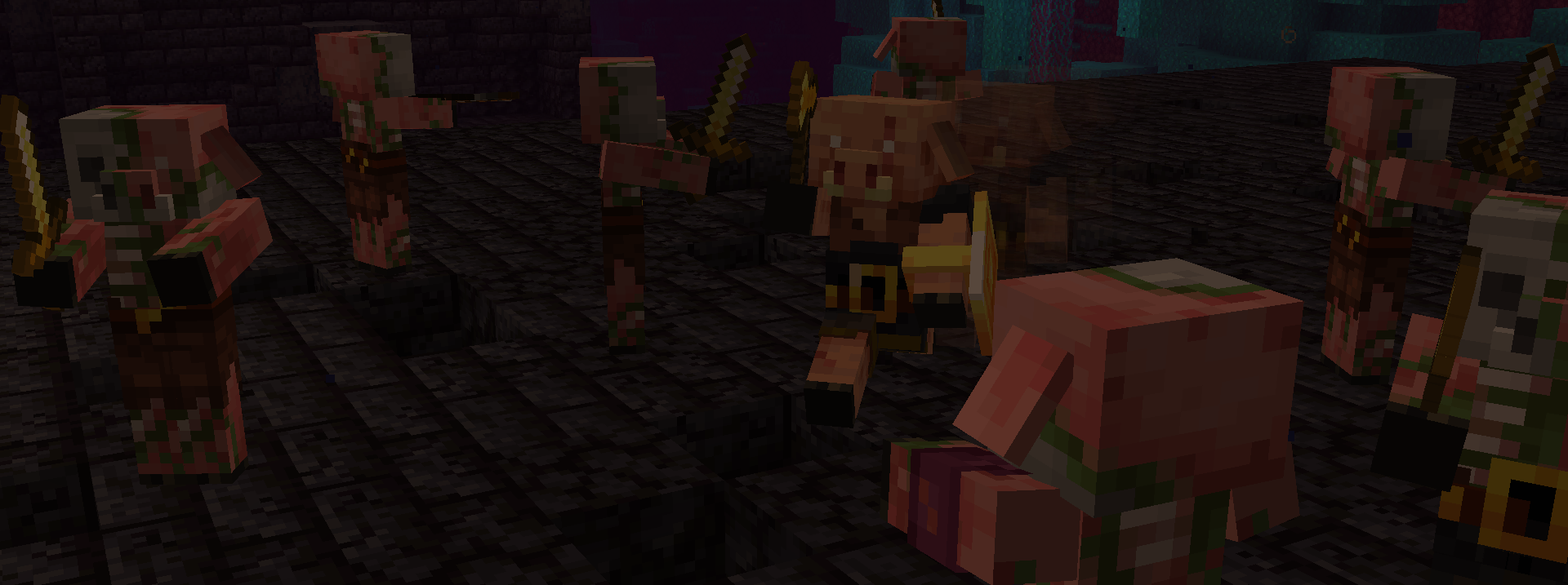 A Piglin Brute charges forward with its Buckler, surrounded by different Zombified Piglin variants.