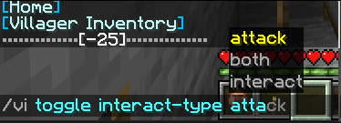 Screenshot of in-game command villager info toggle interact type and autocompletion for attack, both, and interact