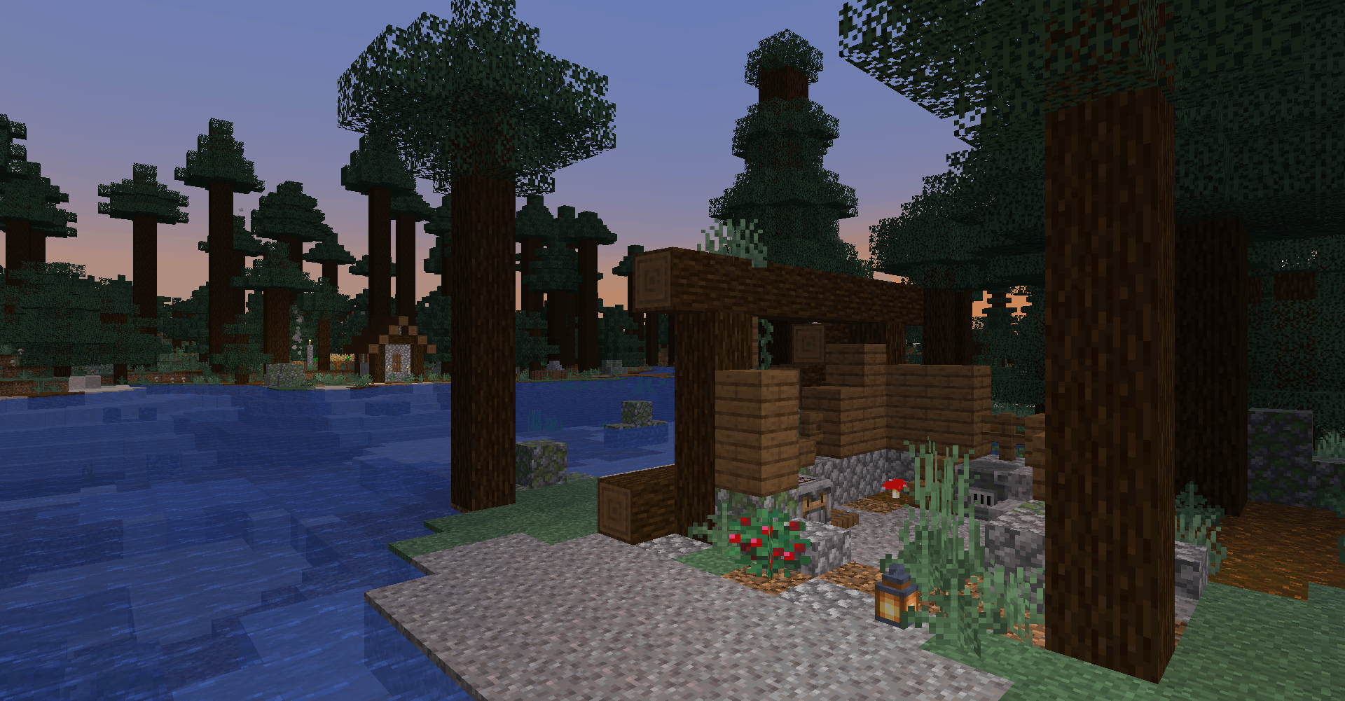 spruce hut next to a village