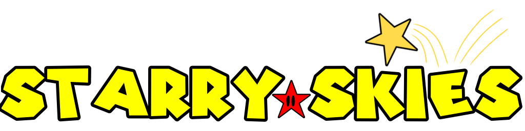 The logo of the mod. It reads "Starry (red star) Skies". There is a shooting star bouncing across the title.