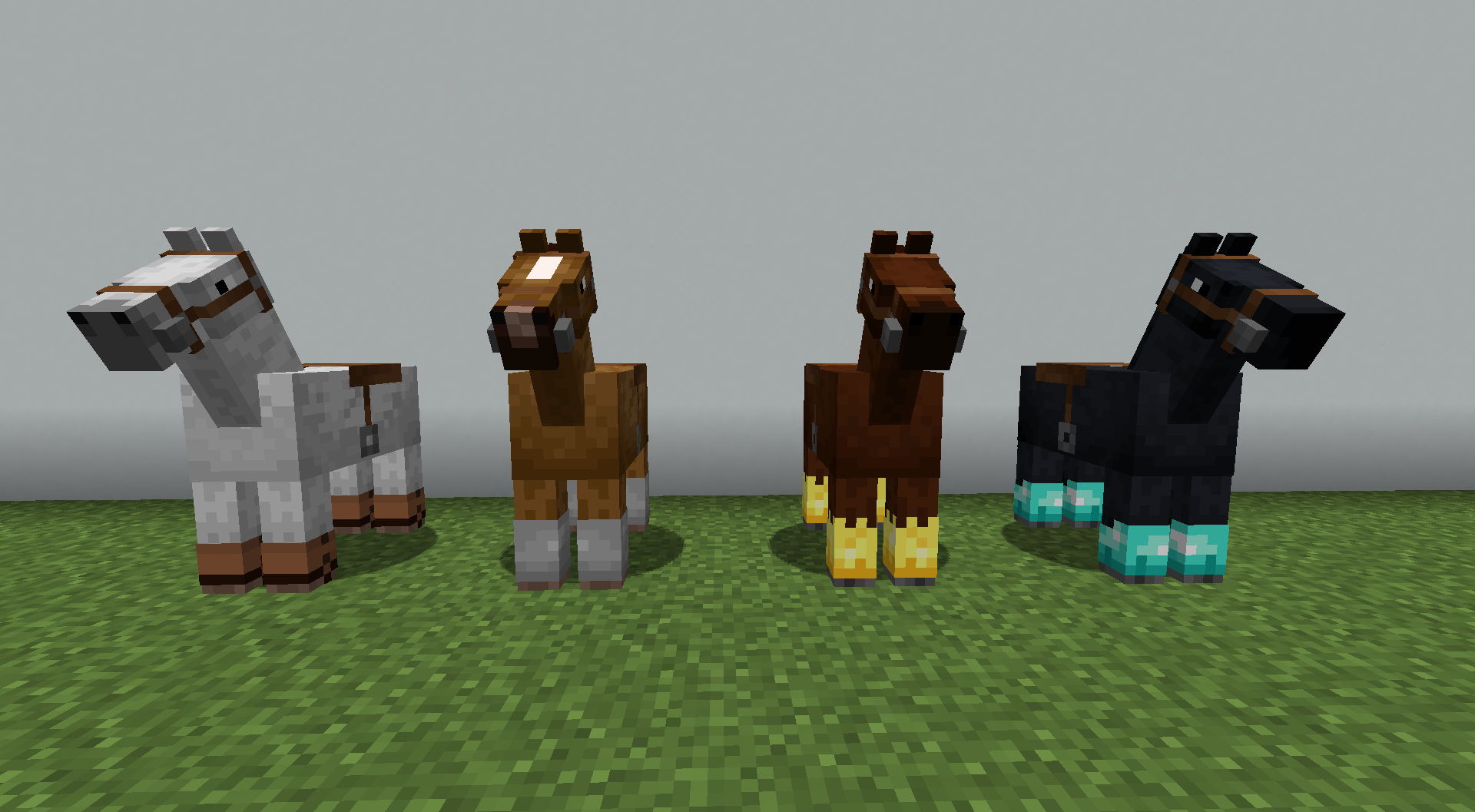 Four different horses in a row. Each has a saddles and a different set of armor.