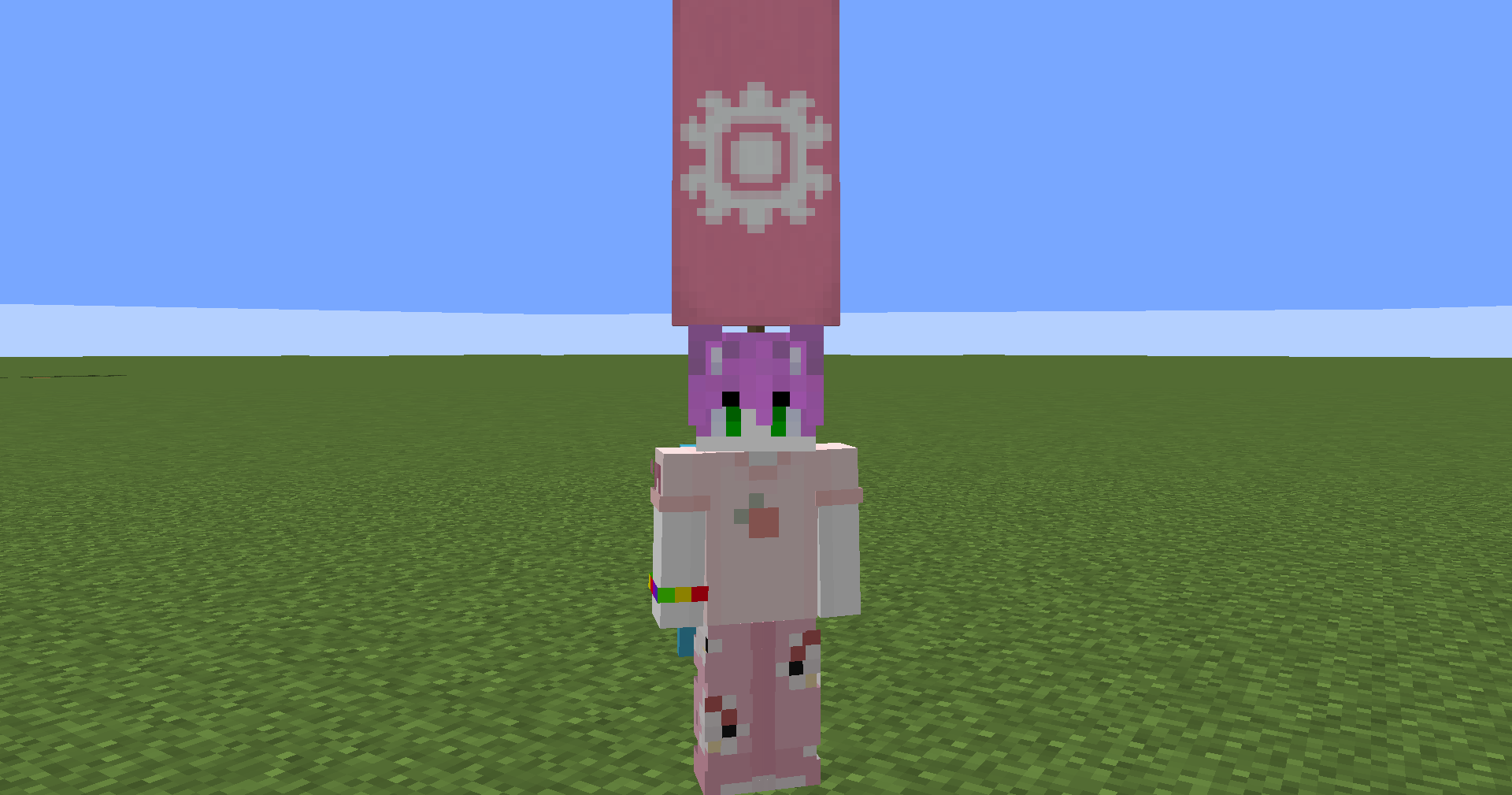 a second minecraft screenshot of a banner (pink) being worn by a player