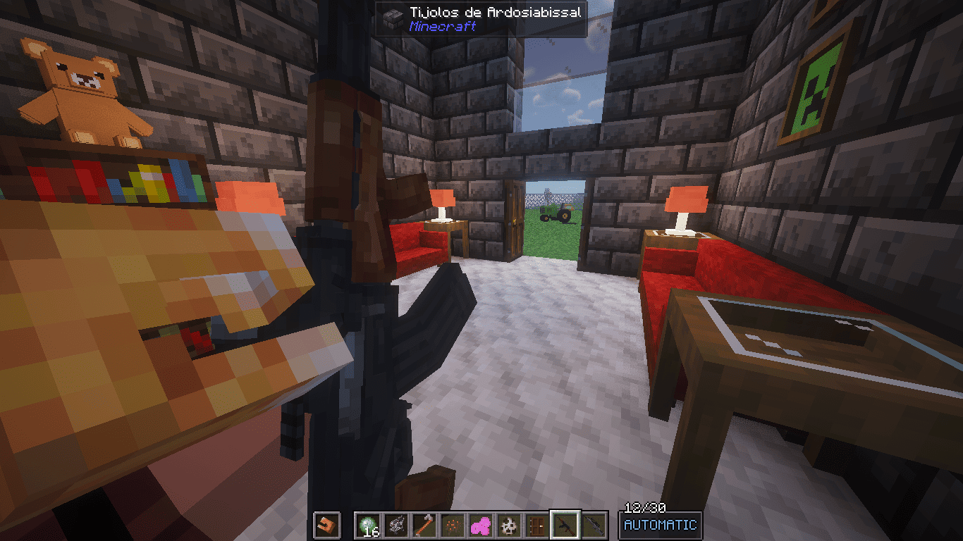 Furniture, gun, tractor outside