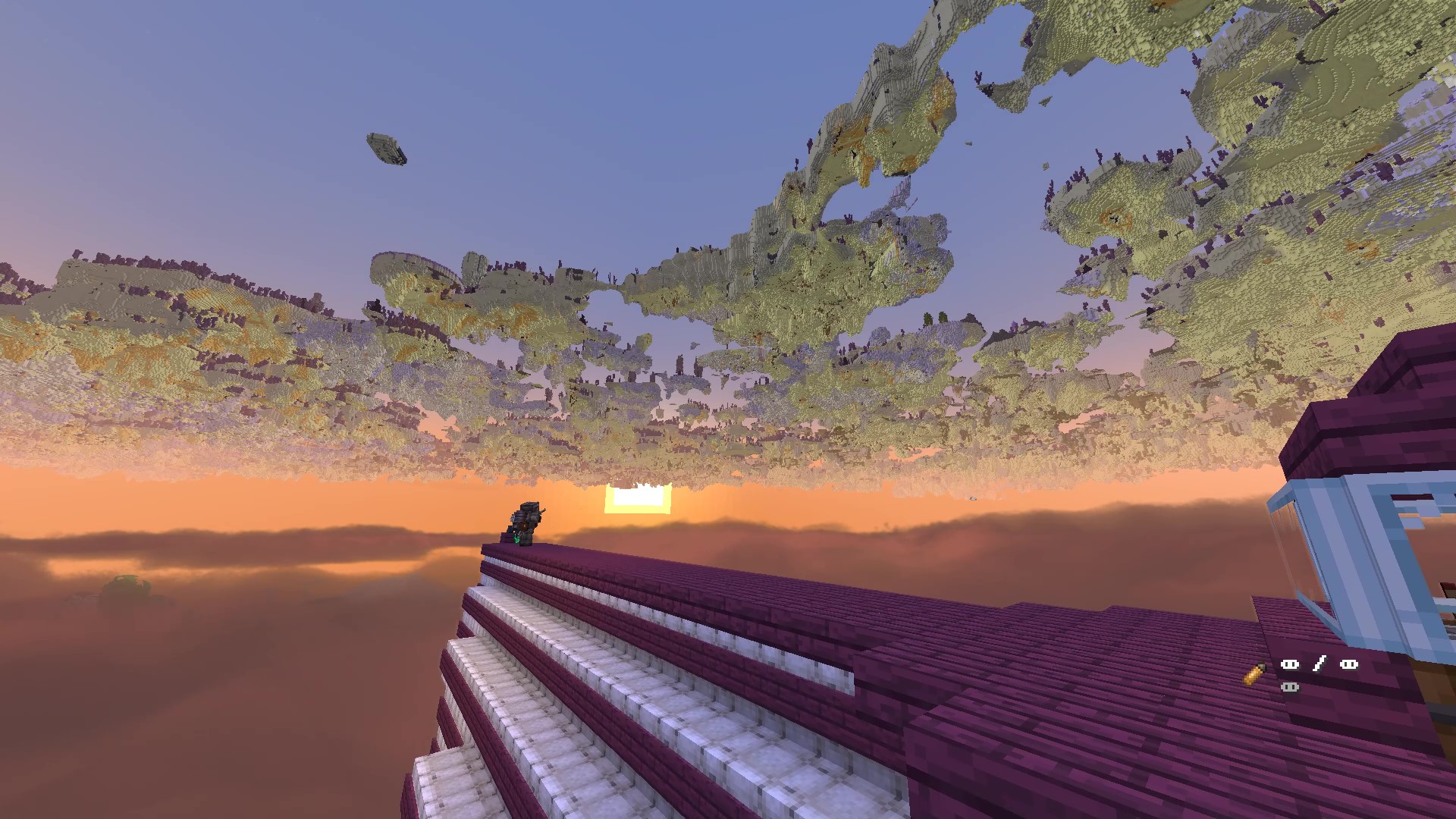 An adventurer stands on the deck of their ship, rising through the clouds towards The End