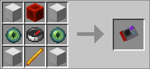 Location module recipe: Four iron blocks in the corners, Eye of enders on the left and right, Redstone Block on the top, Blaze Rod on the bottom, and a Compass in the middle.