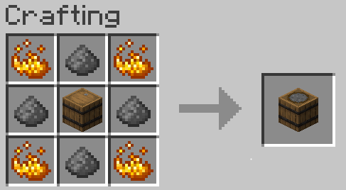 Crafting Recipe. 4 blaze powder in the corners, 4 gunpowder along the edges, barrel in the center.