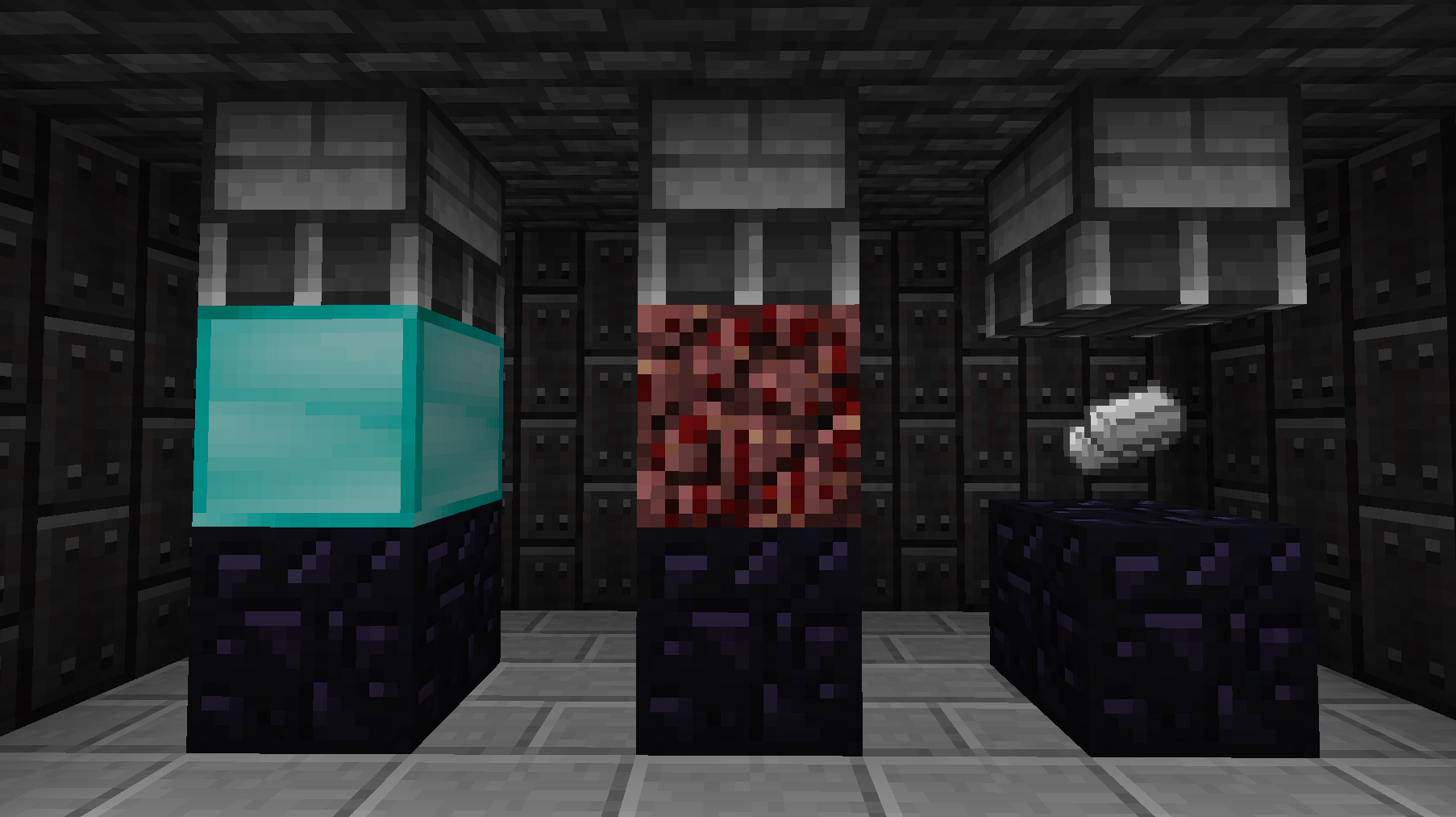 3 Steel Pistons facing a Diamond block, Cobbled Netherrack, and 9 Iron Ingots with obsidian below them.