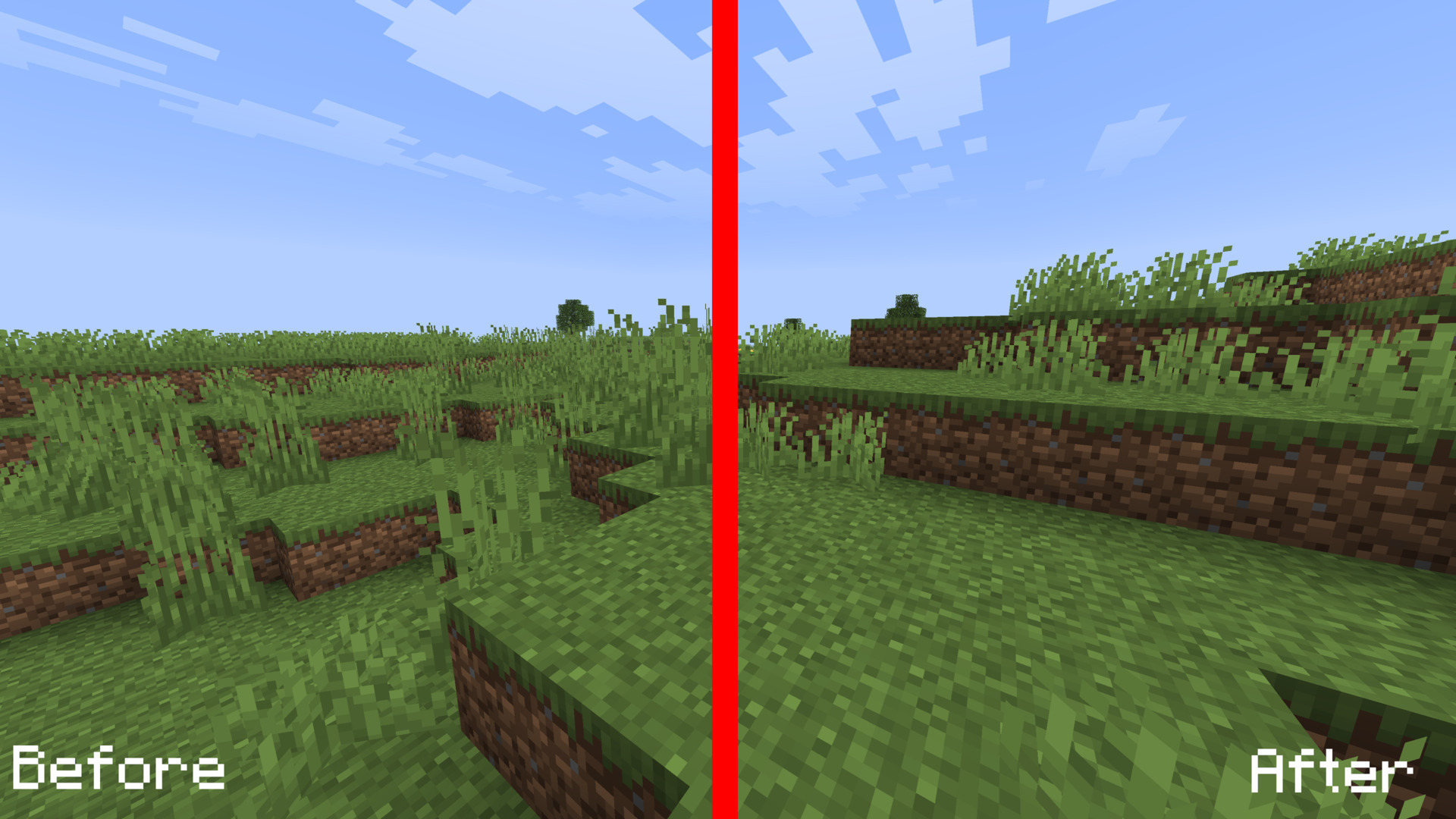 Minecraft plains biome with a red line down the center separating the two halves. The left have is labeled "Before" and contains double-high tall grass, short grass, and grass blocks. The right half contains short grass and grass blocks, but no 2-high tall grass.