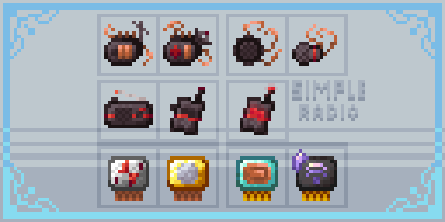 All the item sprites on a white background with a blue border around them.