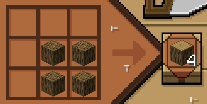 Minecraft crafting grid showing four oak wood blocks. The output is 4 oak logs.