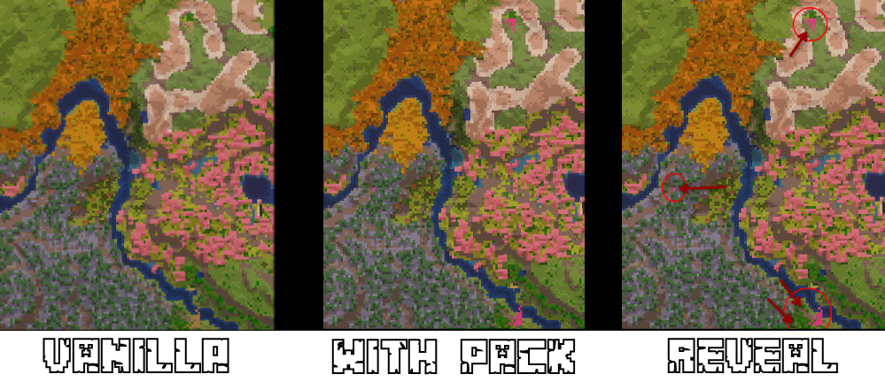 A comparison between vanilla, with the pack, and one that reveals which spots are not mapped, placed map