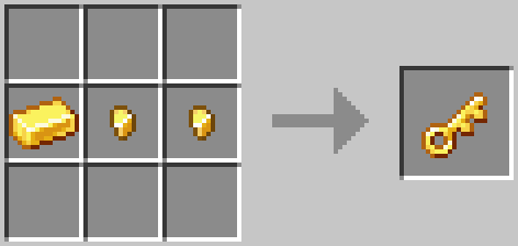 The crafting recipe for a golden key; a shaped crafting recipe from left-to-right: golden ingot, golden nugget, golden nugget.