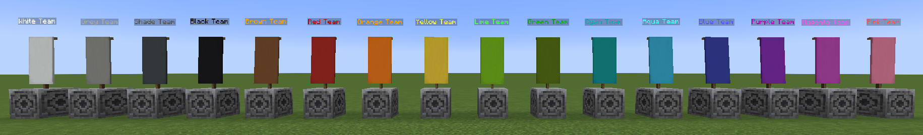 A screenshot from Minecraft. In-game, there is a line of 16 banners standing in a row. Each is a different color, and has text floating above it that states which color of team it represents. Each banner is on top of a Lodestone block.