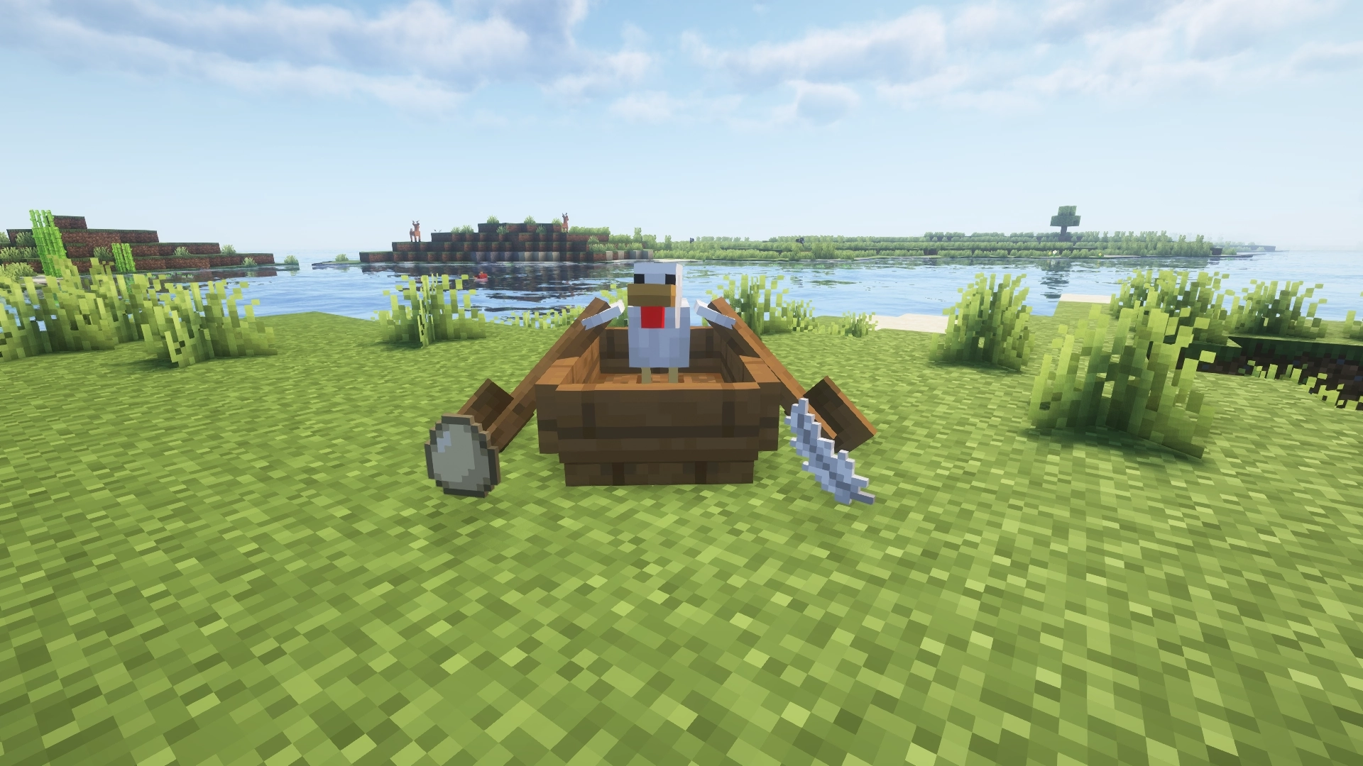 Chicken in a boat with an egg and a feather