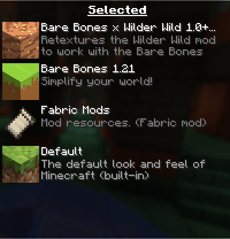 Order in which the resource packs must be placed. 'Bare Bones x Wilder Wild' must go above 'Fabric Mods'.