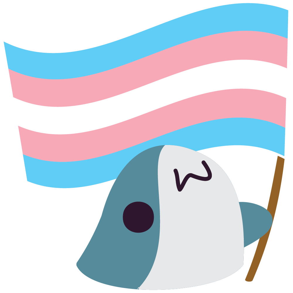 BlobHaj_Transgender emoji from https://heatherhorns.com/emoji. It shows a blobby blåhaj waving a trans pride flag. The emoji set is license under the Creative Commons BY-SA 4.0 License.