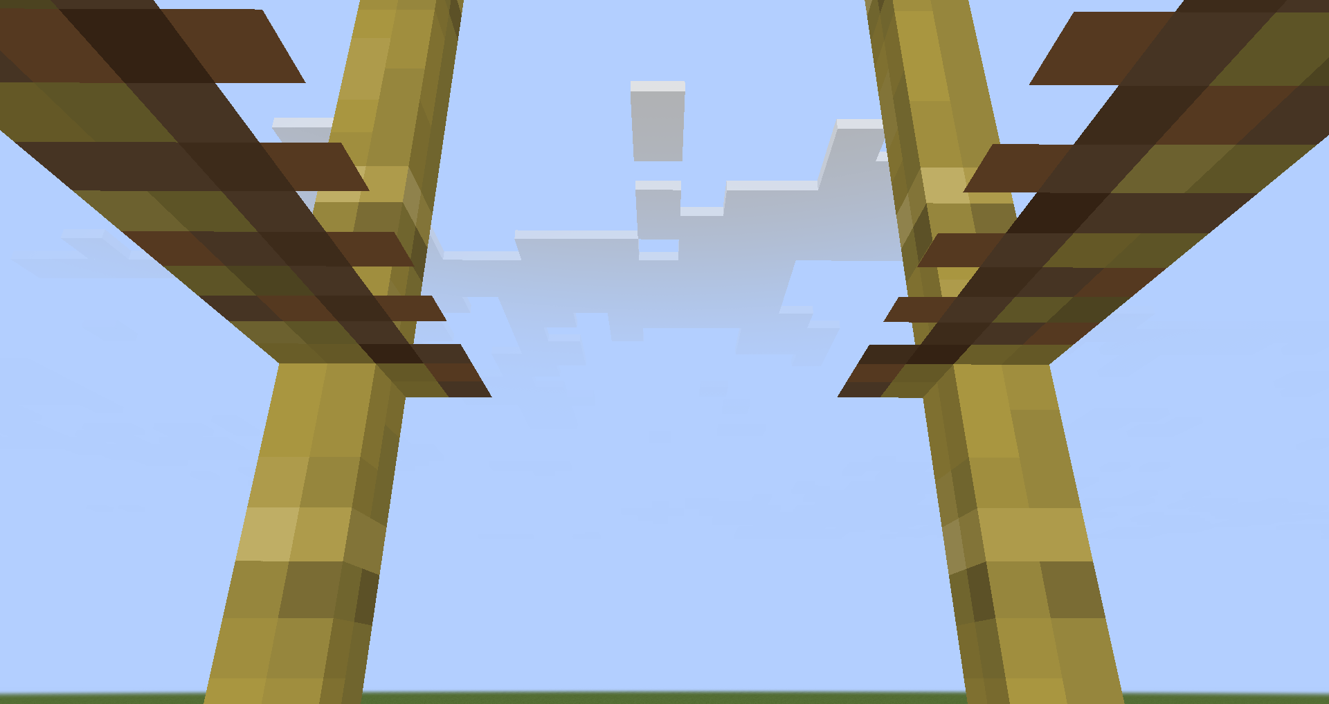 First person view of a minecraft player climbing scaffolding looking forward and up with a clear view of the sky and no scaffolding texture in the way because they have No Flicker Scaffolding resource pack equipped.