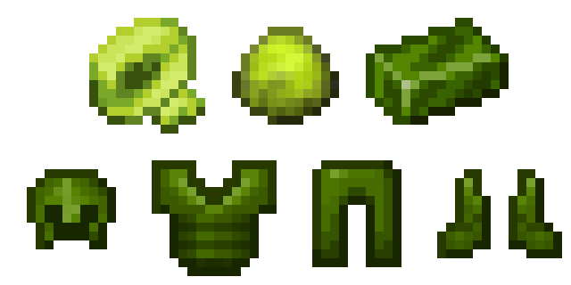 Image showing the textures of Peridot, Peridot Composite Clump, Peridot Composite Ingot and the Raptorial Armor Set.