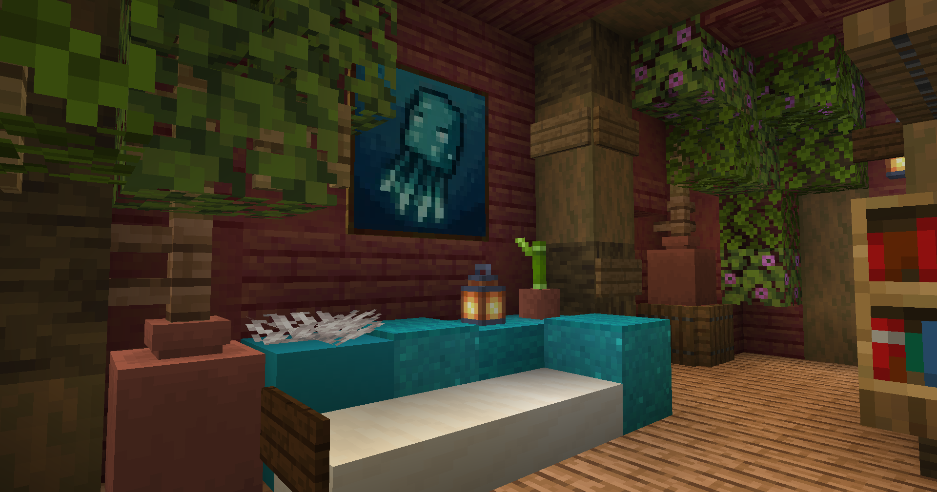 A painting of a glowing octopus in a warm and cozy interior