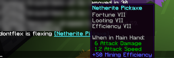 The image is showing the output of the command /brag. You see the item in your hand, with rarity colors and lore.