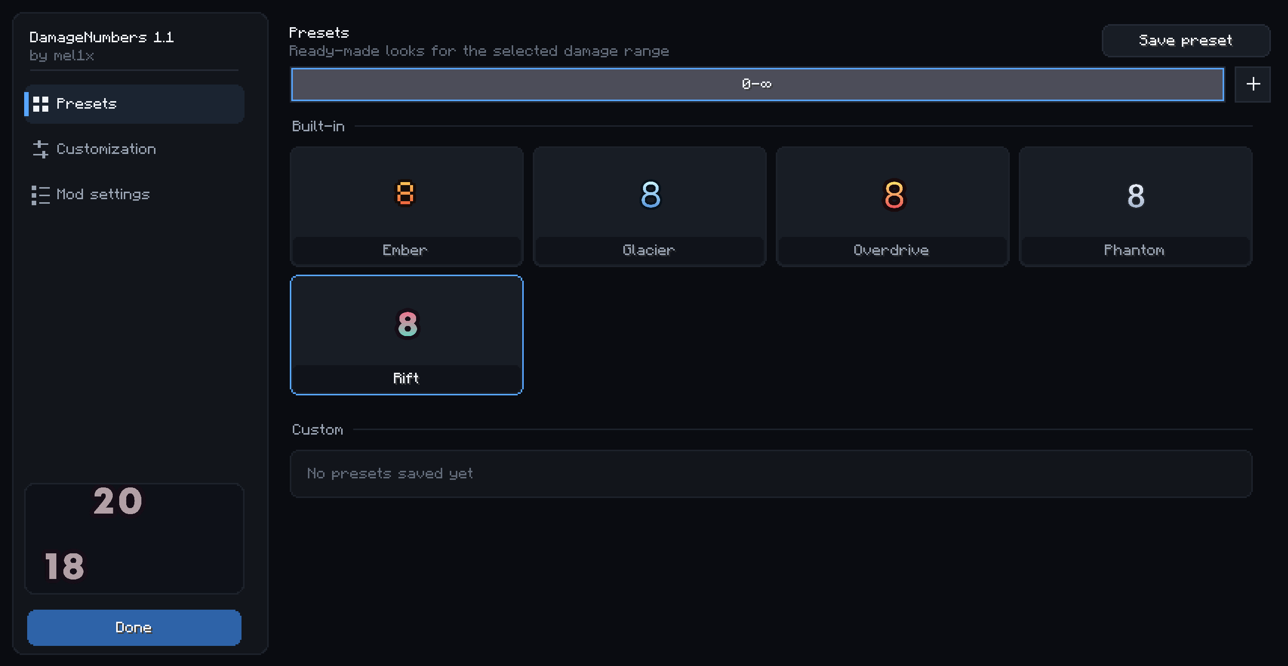 Presets page