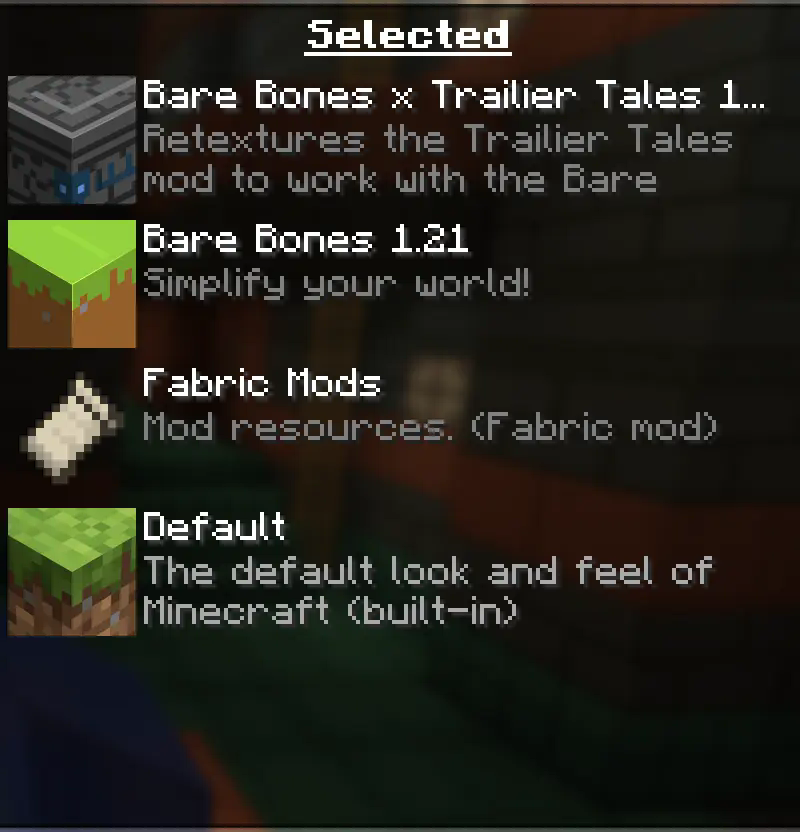 Order in which the resource packs must be placed. 'Bare Bones x Trailier Tales' must go above 'Fabric Mods'.