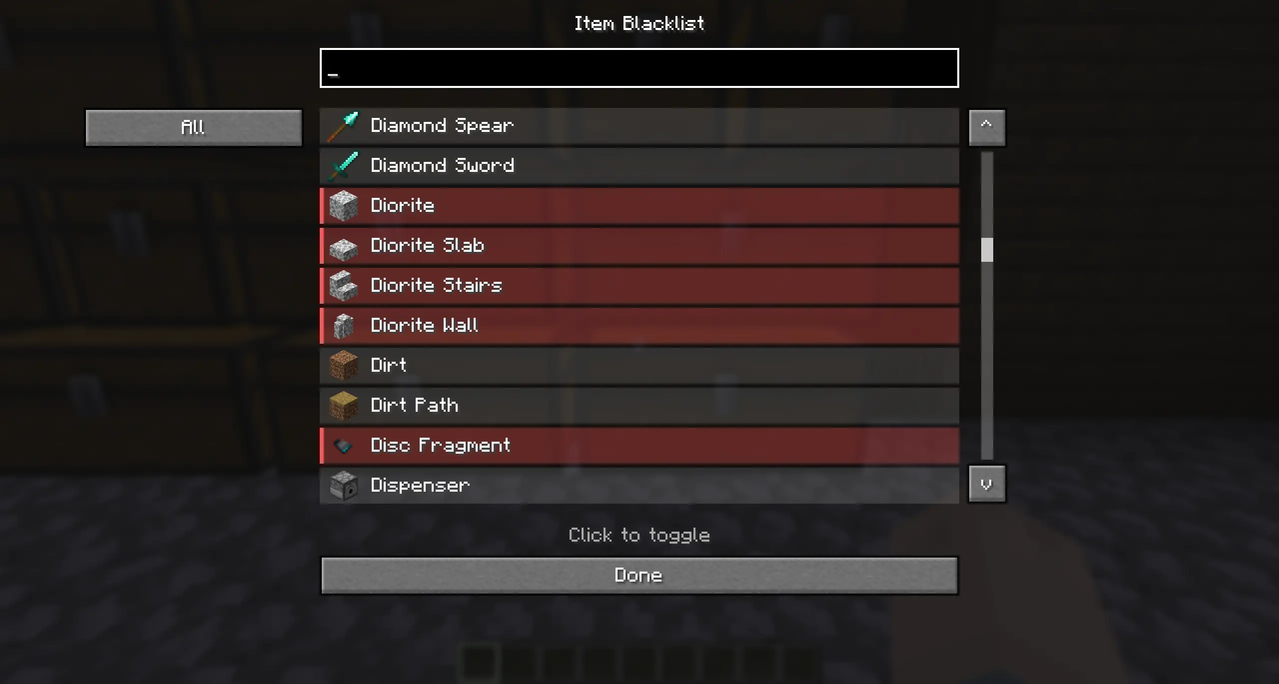 The item blacklist screen, showing the search box, a few toggled-off entries, and the "All / Blacklisted" filter button