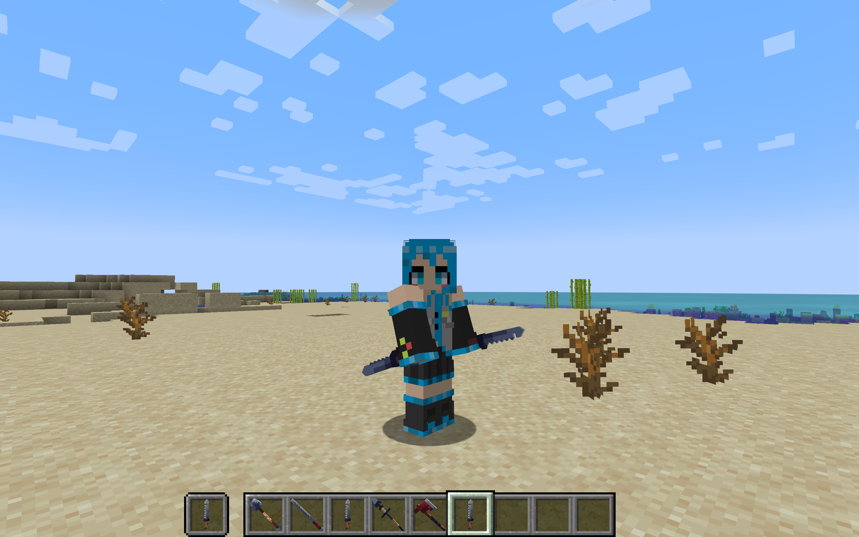 Minecraft hatsune miku holding a pair of combat knives.