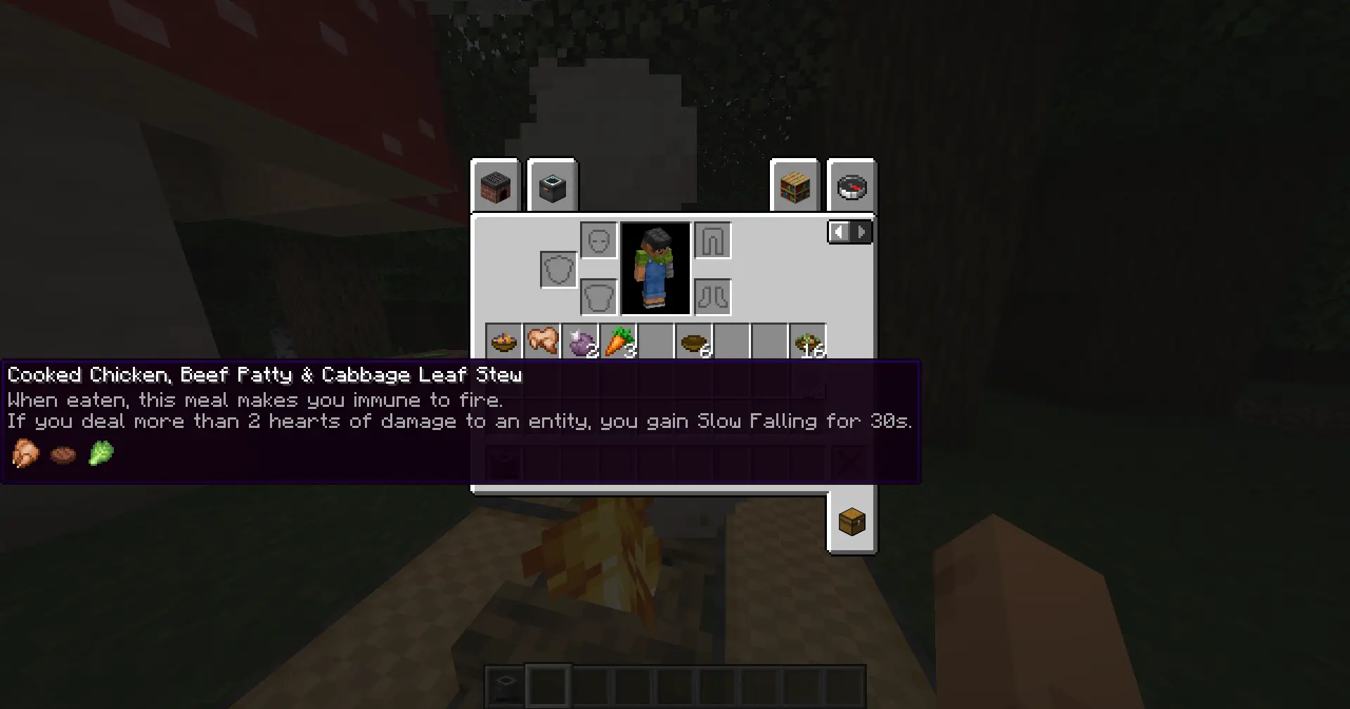 Cooked Chicken, Beef Patty & Cabbage Leaf Stew being hovered over with descriptive tooltip