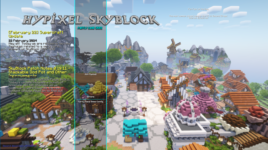 Picture of the Custom Main Menu with a butiful picture of the skyblock hub.