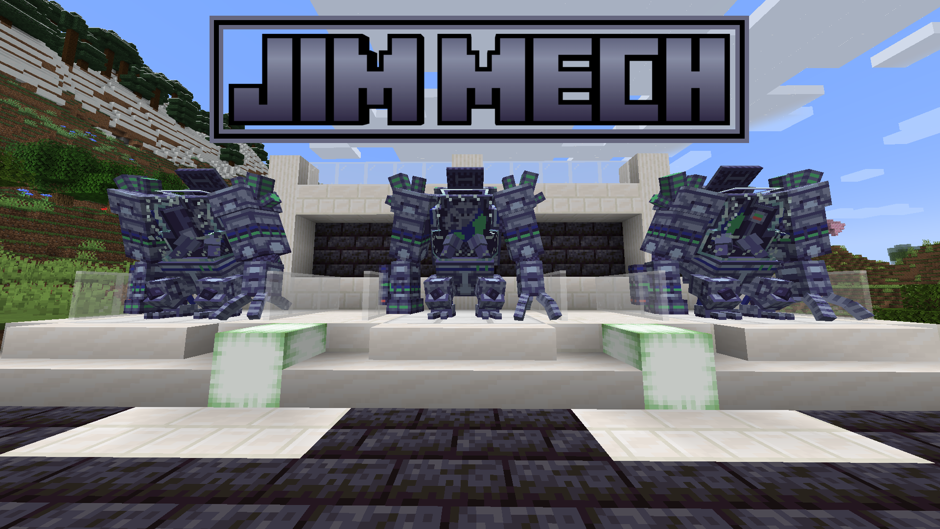 Three mechs stand under the text: "JIM MECH"