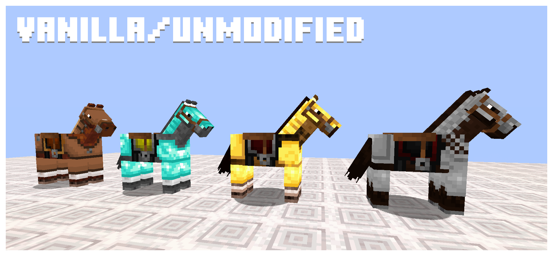 There are four horses, each one wearing a different set of horse armor. The resource pack, Consistent Horse Armor, has NOT been applied.