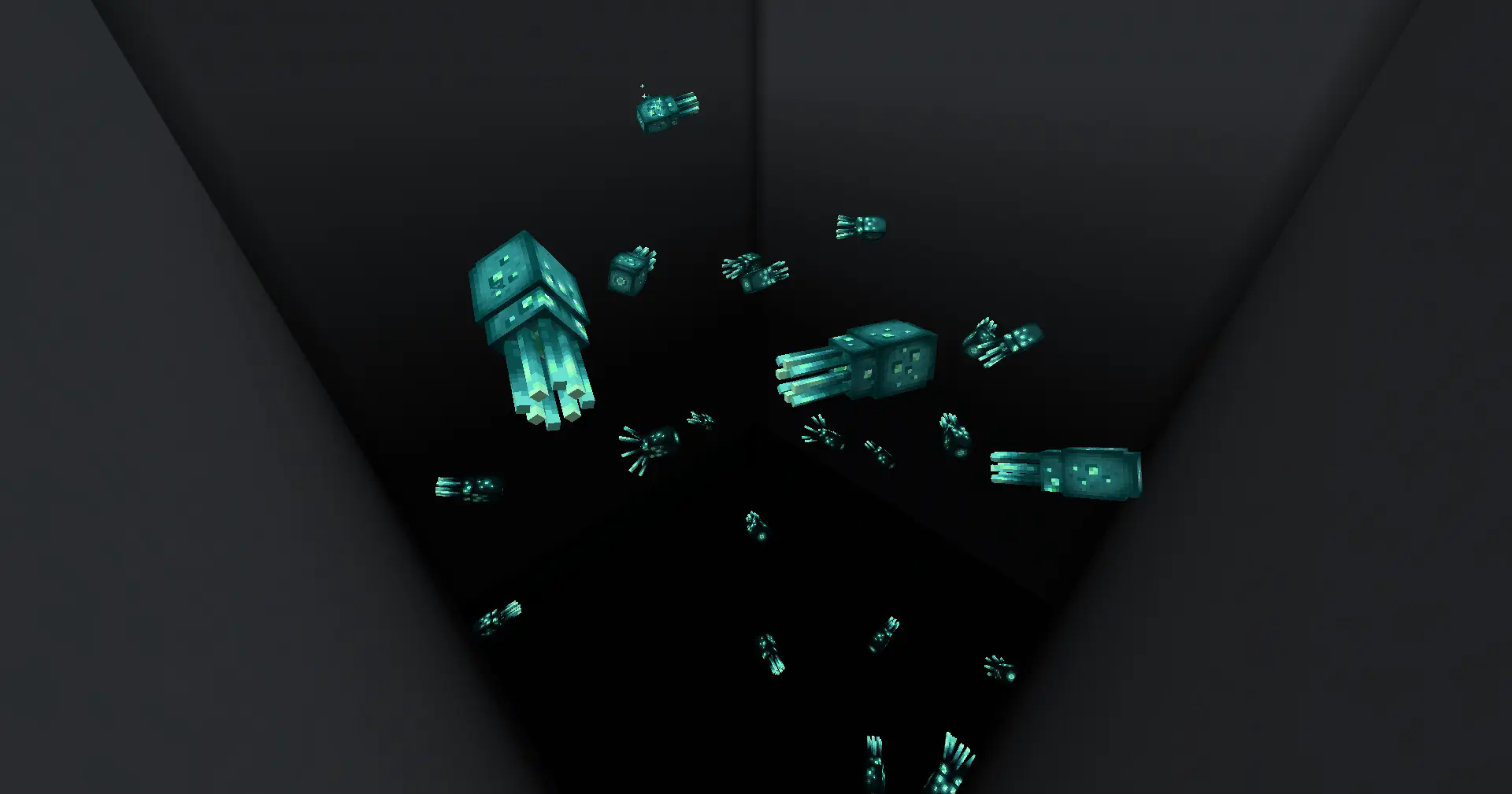 An image of a massive area filled with glow squids. Light filters down from above and the water is fully invisible, making it easy to see how the lighting changes the appearance of the glow squids.