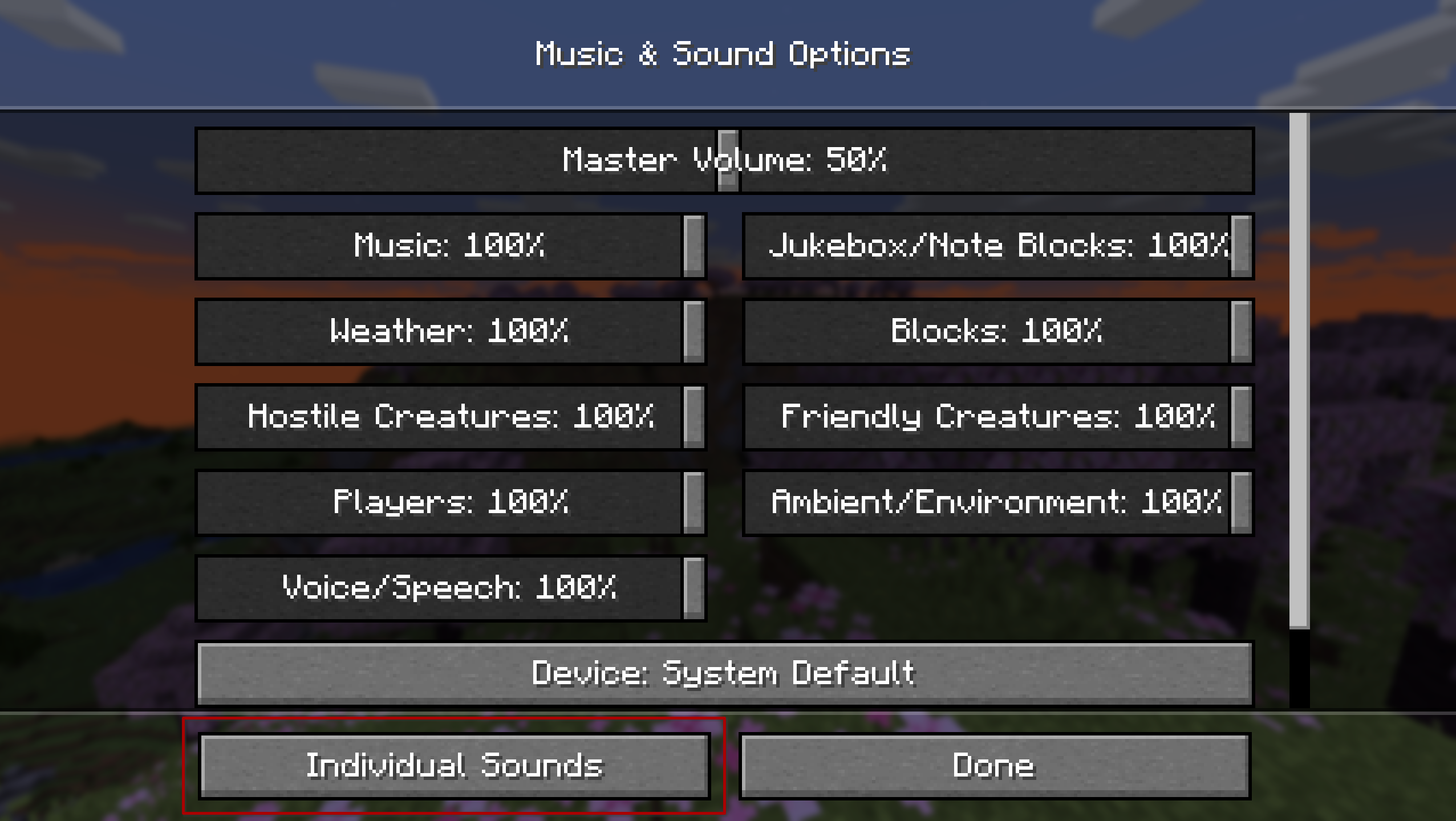 Minecraft sound settings screen with a new 'Individual Sounds' button.