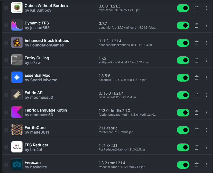 Mods listed on the Modrinth App