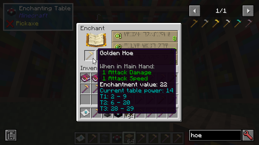 Enchantment table with a golden how and a tooltip showing enchantment value: 22